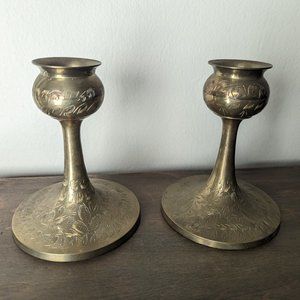 2 Vintage Etched Floral Leaf Pattern Solid Brass Taper Candlestick Holders